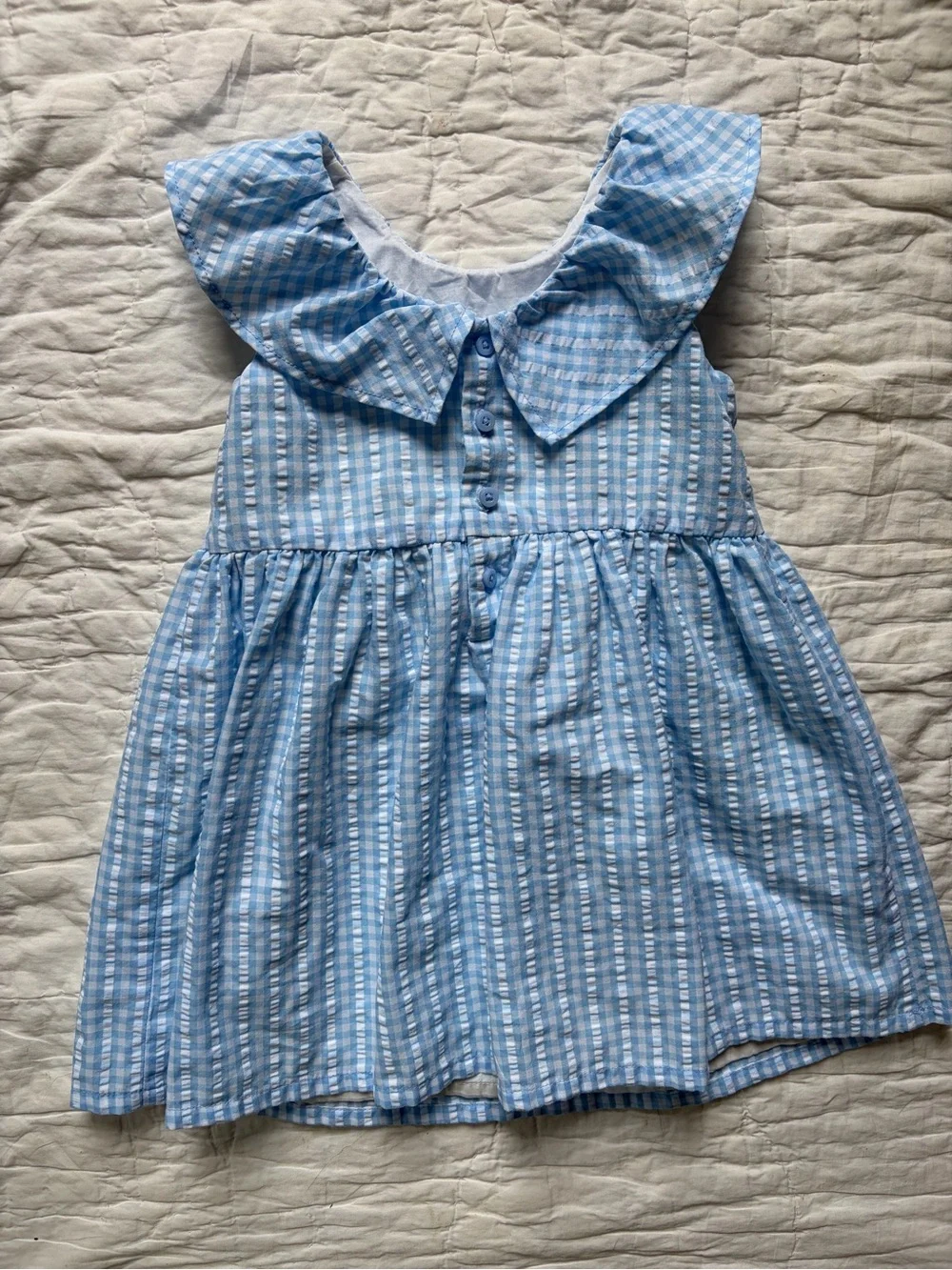 Blue and White Seersucker Ruffle Dress